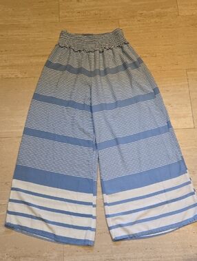 Goa Beachwear by Japna Blue/White Striped Flowy Wide Leg Boho Pants
